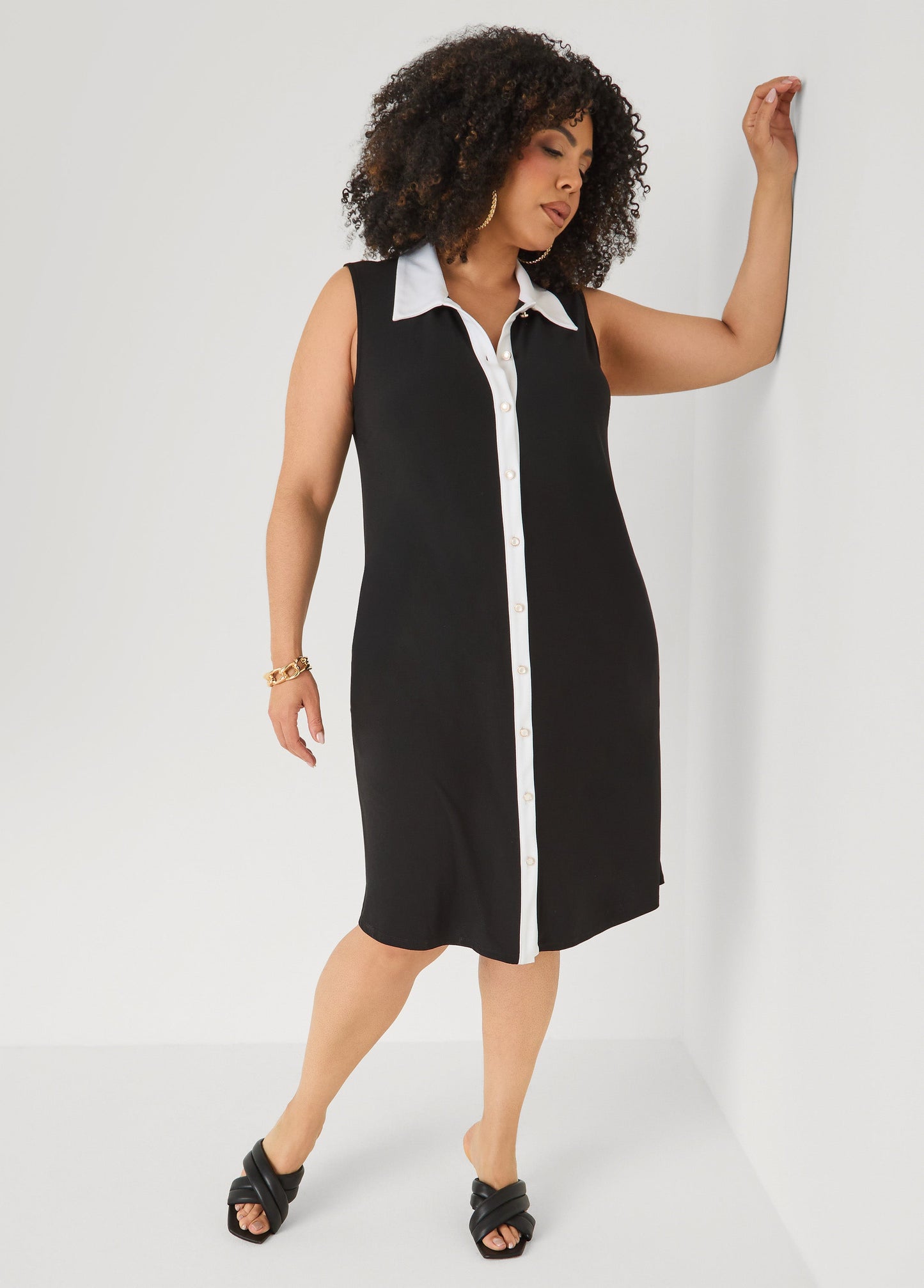 Ashley Stewart Two Tone Button Front Dress Black White