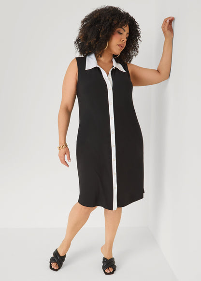 Ashley Stewart Two Tone Button Front Dress Black White