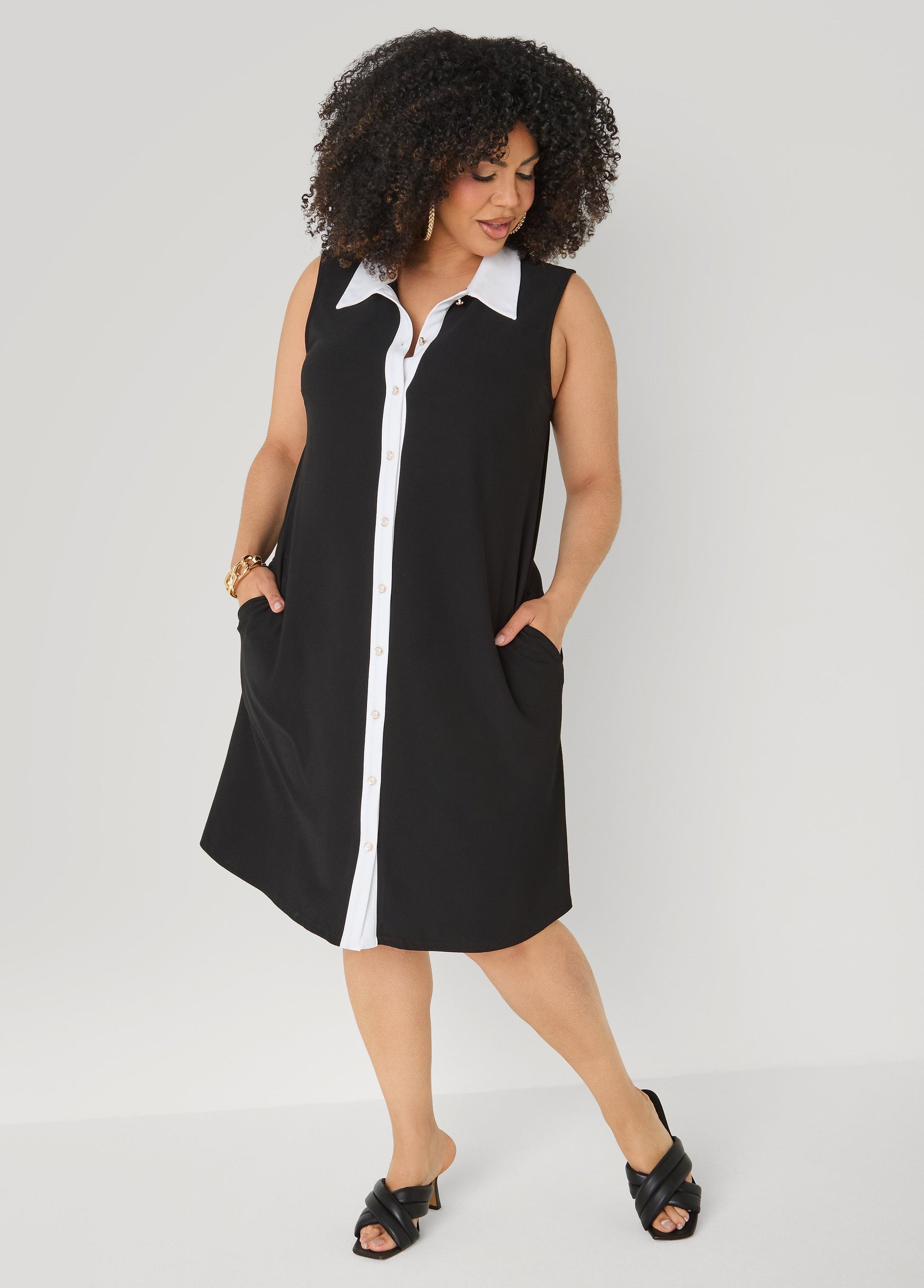 Ashley Stewart Two Tone Button Front Dress Black White