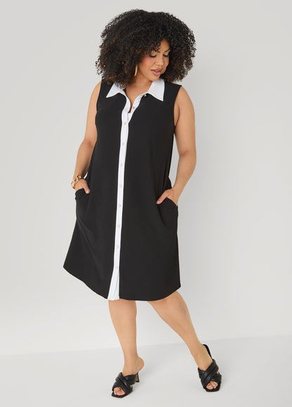 Ashley Stewart Two Tone Button Front Dress Black White