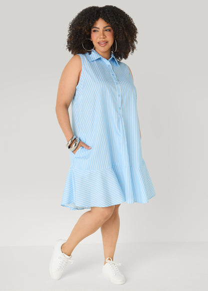 Ashley Stewart Flounced Striped Shirtdress POWDER BLUE