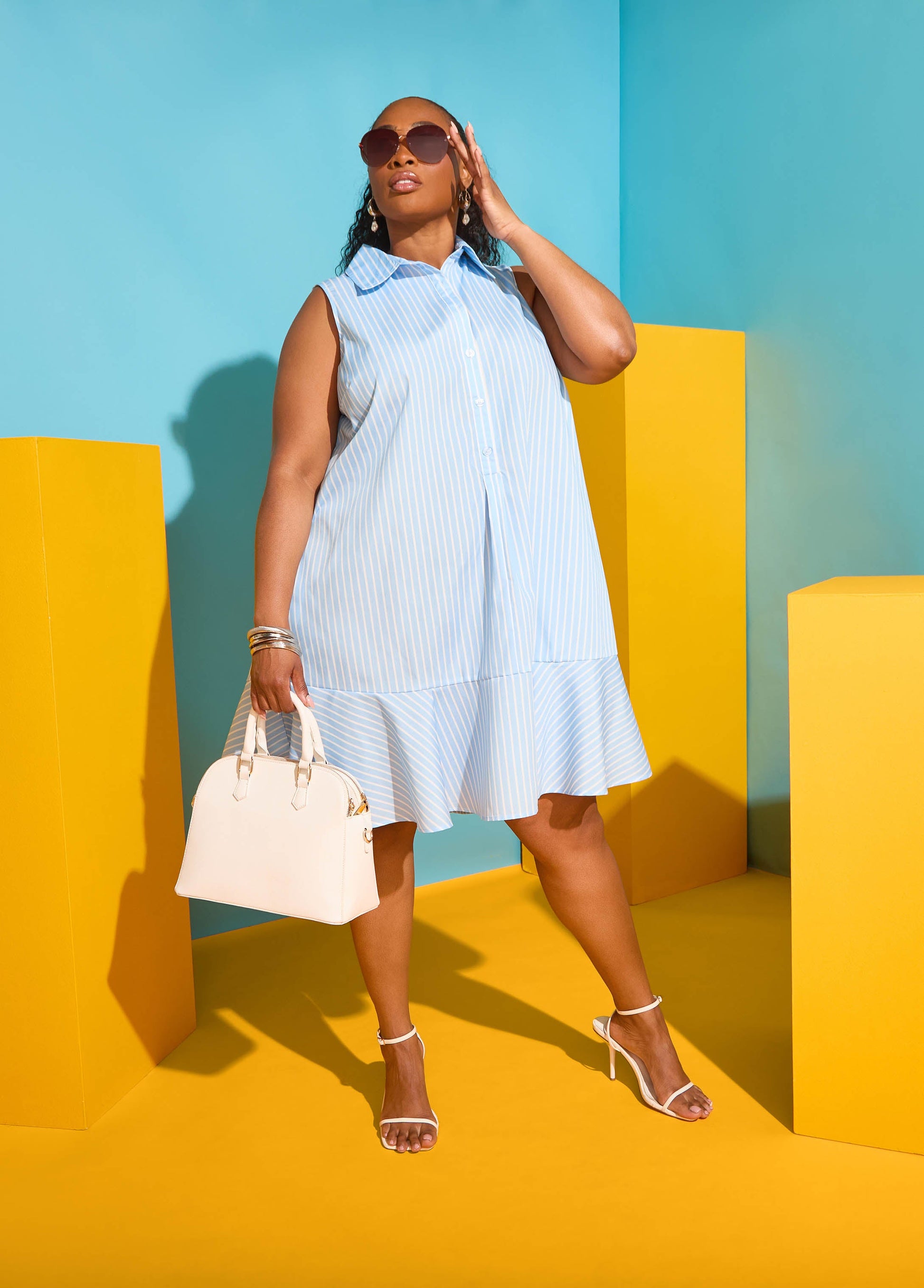 Ashley Stewart Flounced Striped Shirtdress POWDER BLUE