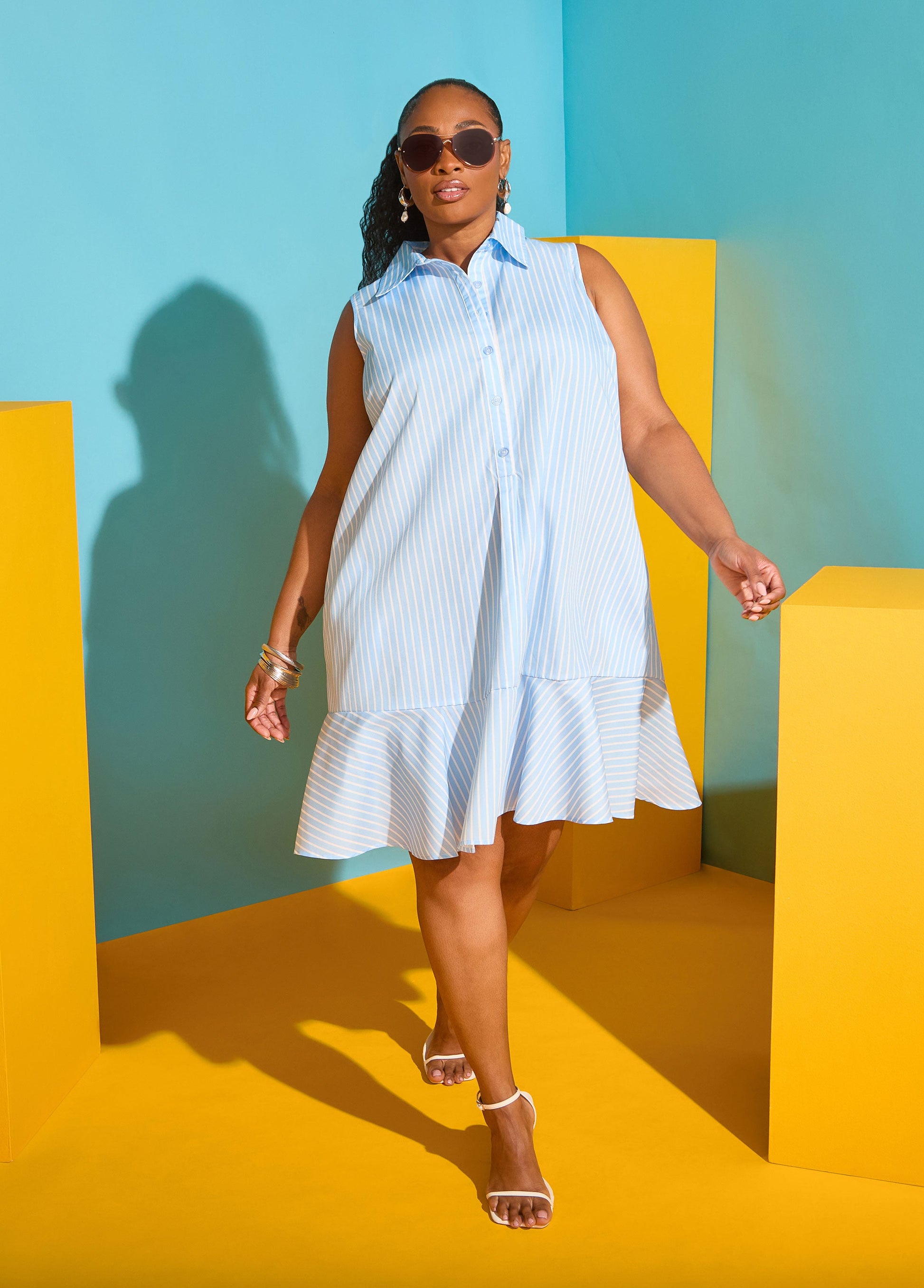 Ashley Stewart Flounced Striped Shirtdress POWDER BLUE