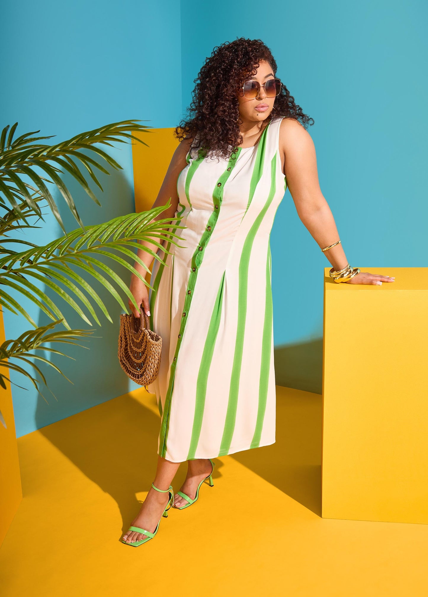 Ashley Stewart Striped Maxi Shirtdress Bud Green