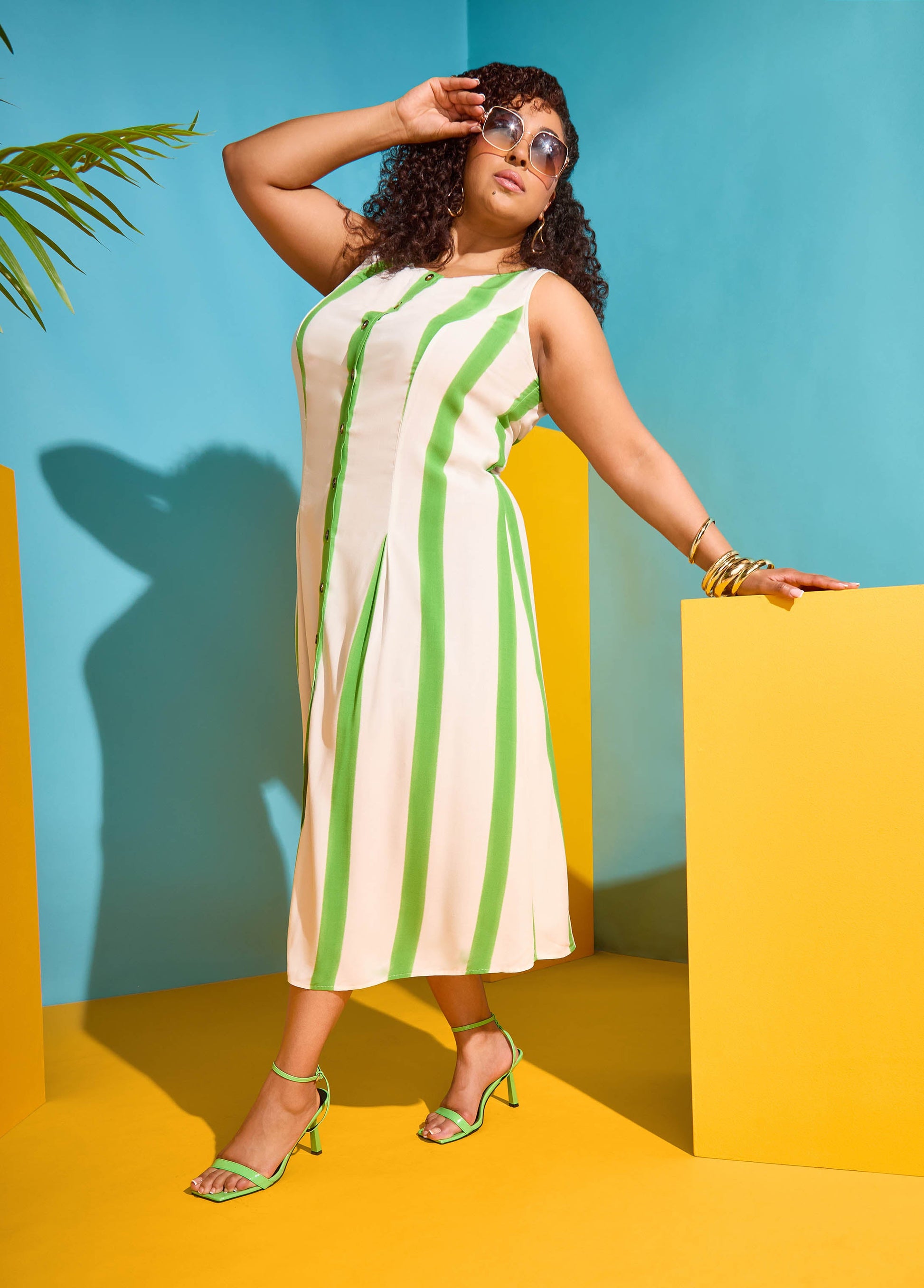 Ashley Stewart Striped Maxi Shirtdress Bud Green