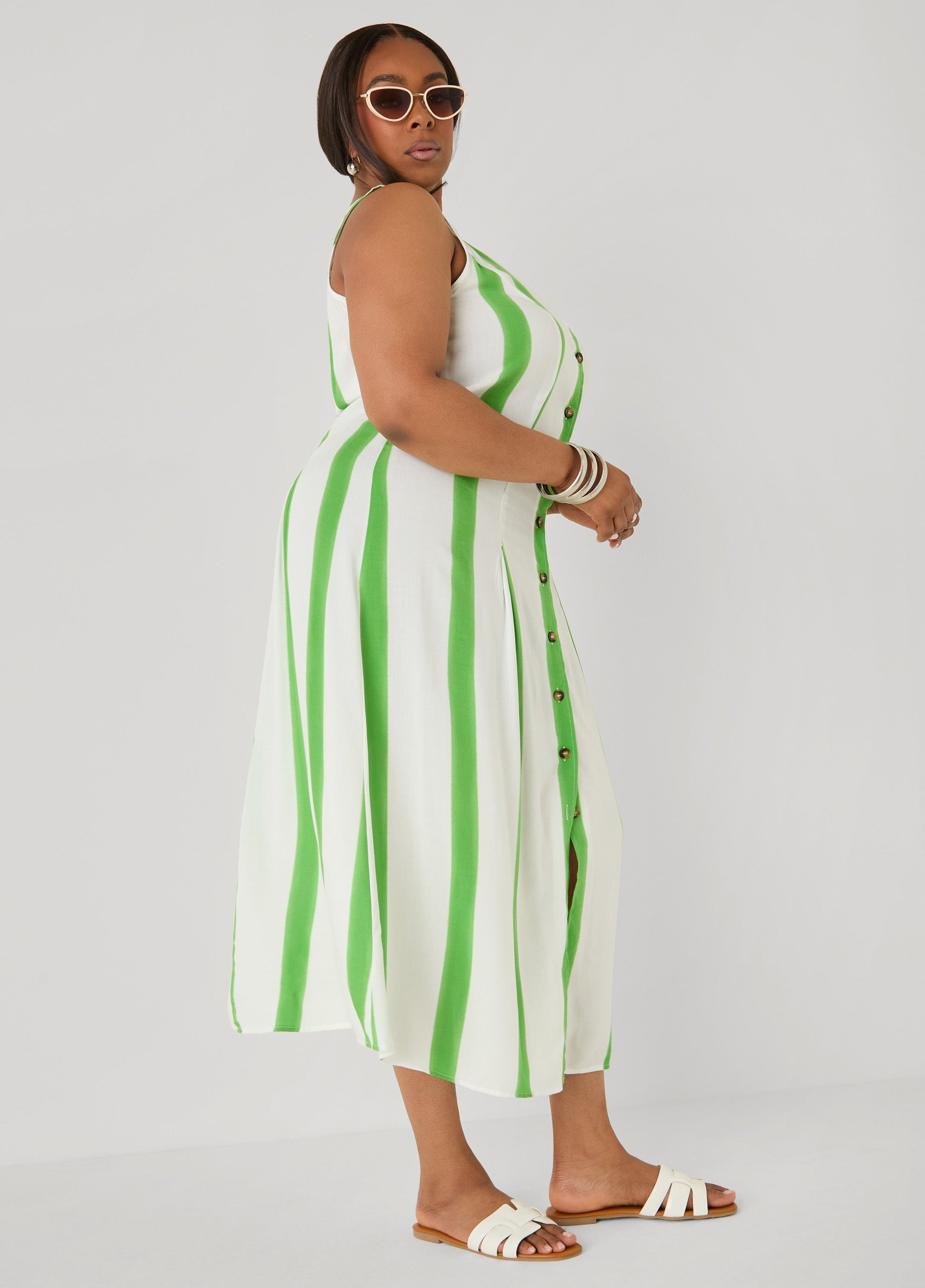 Ashley Stewart Striped Maxi Shirtdress Bud Green