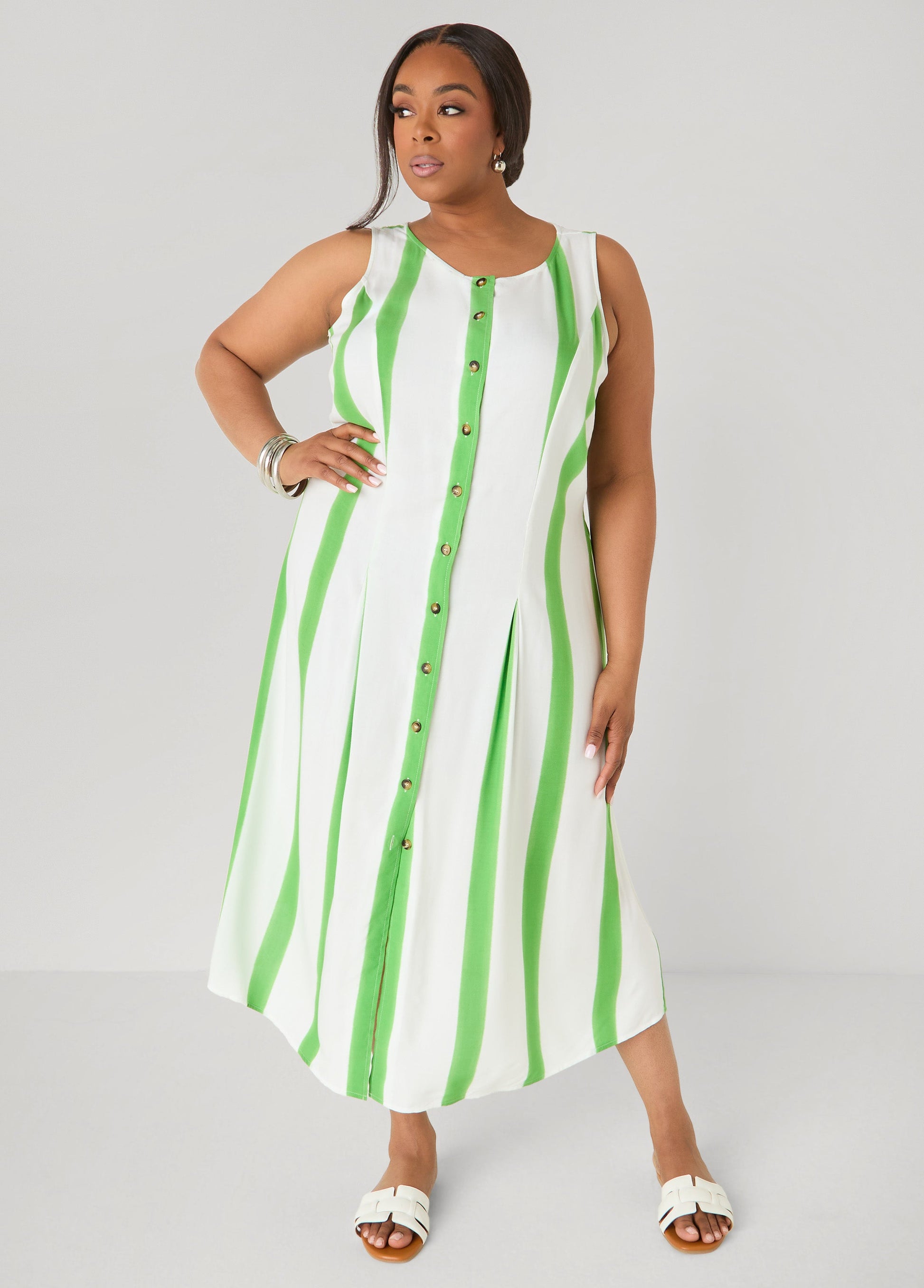 Ashley Stewart Striped Maxi Shirtdress Bud Green