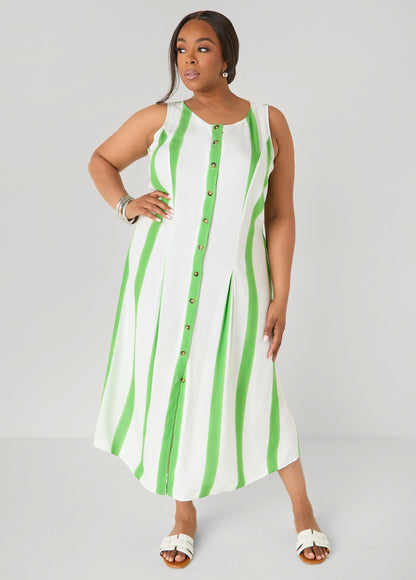 Ashley Stewart Striped Maxi Shirtdress Bud Green