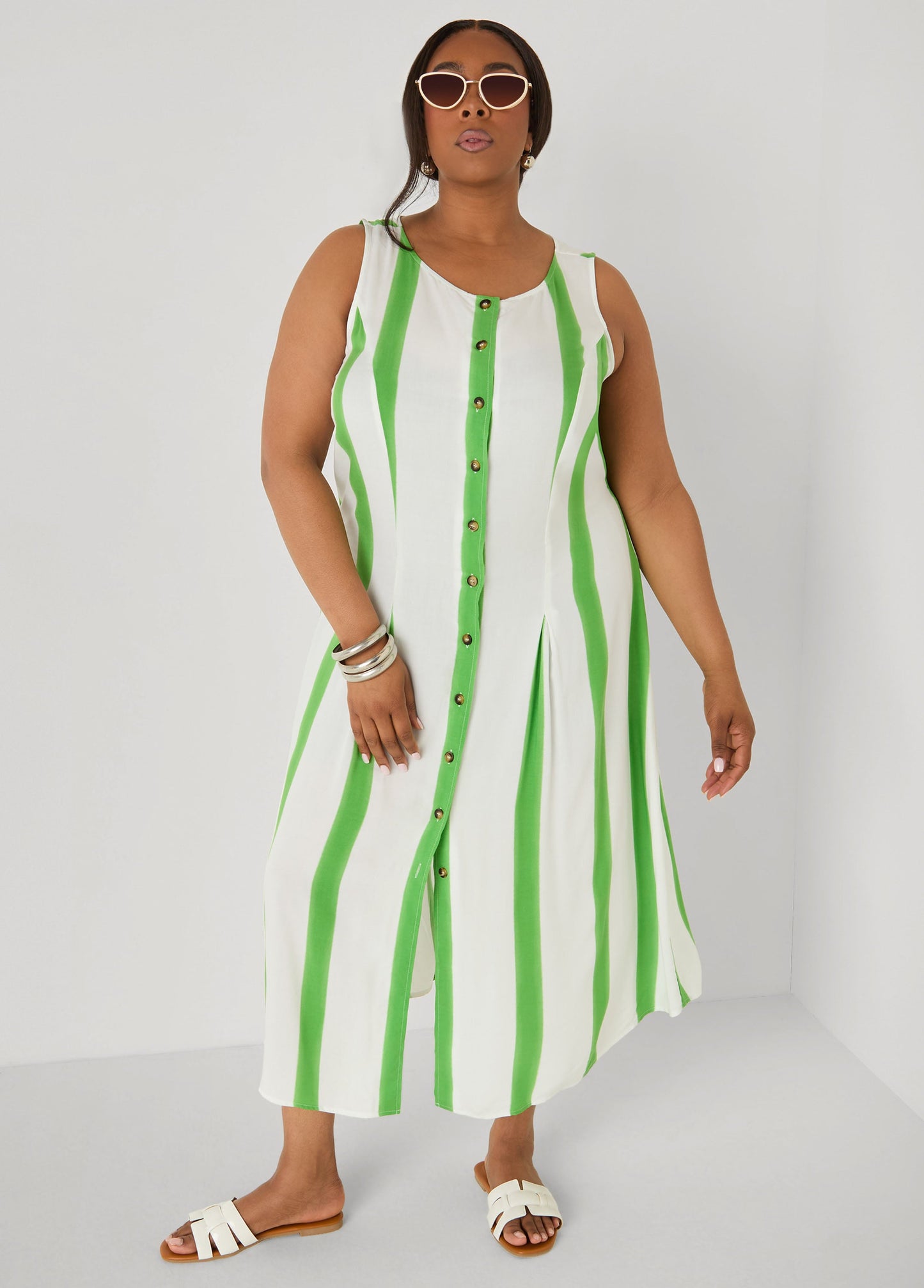 Ashley Stewart Striped Maxi Shirtdress Bud Green