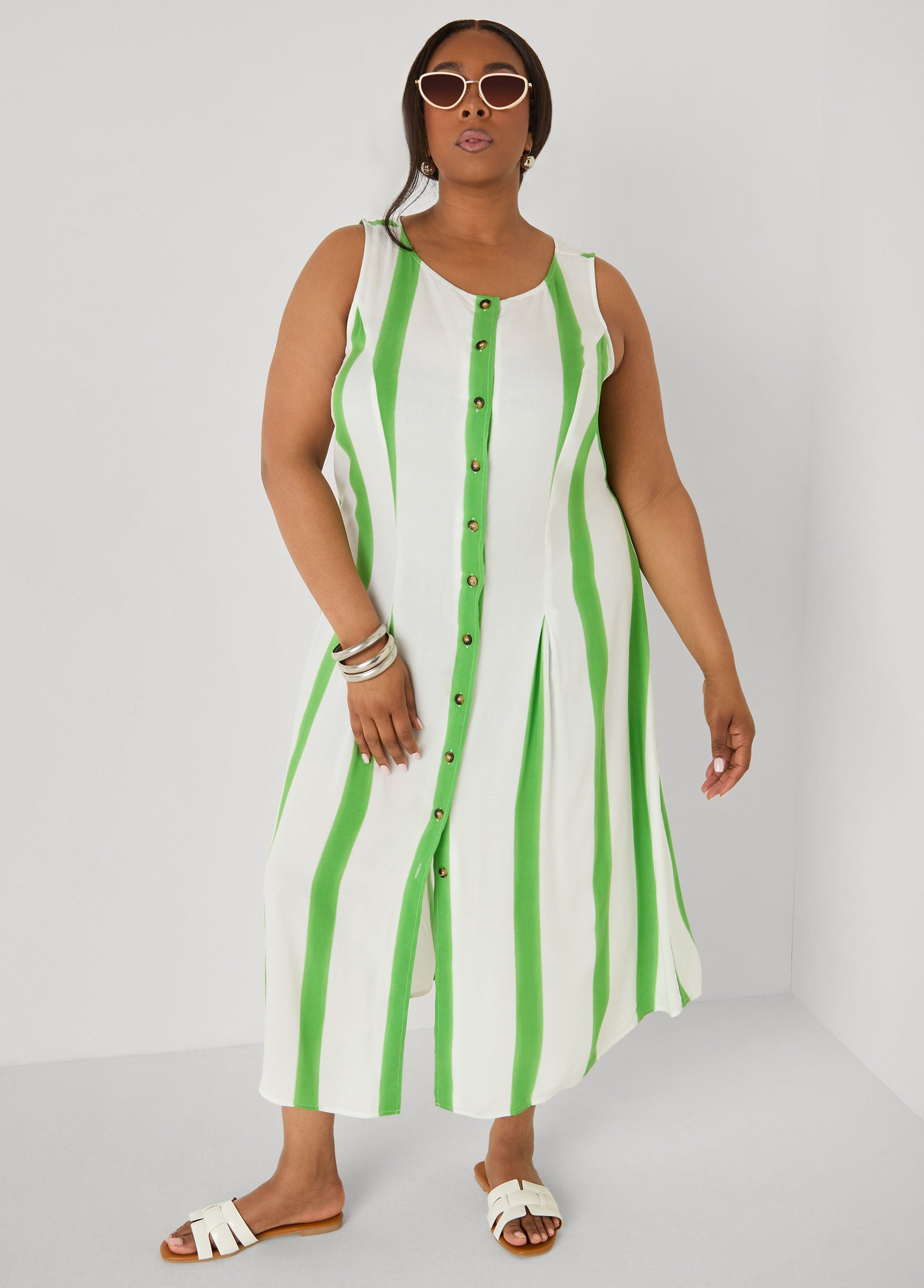 Ashley Stewart Striped Maxi Shirtdress Bud Green