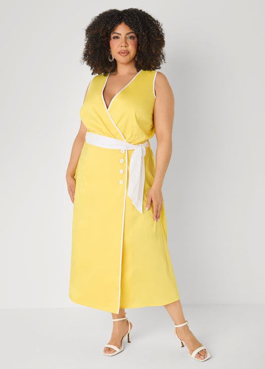 Ashley Stewart Cotton Blend Wrap Dress Primrose Yellow