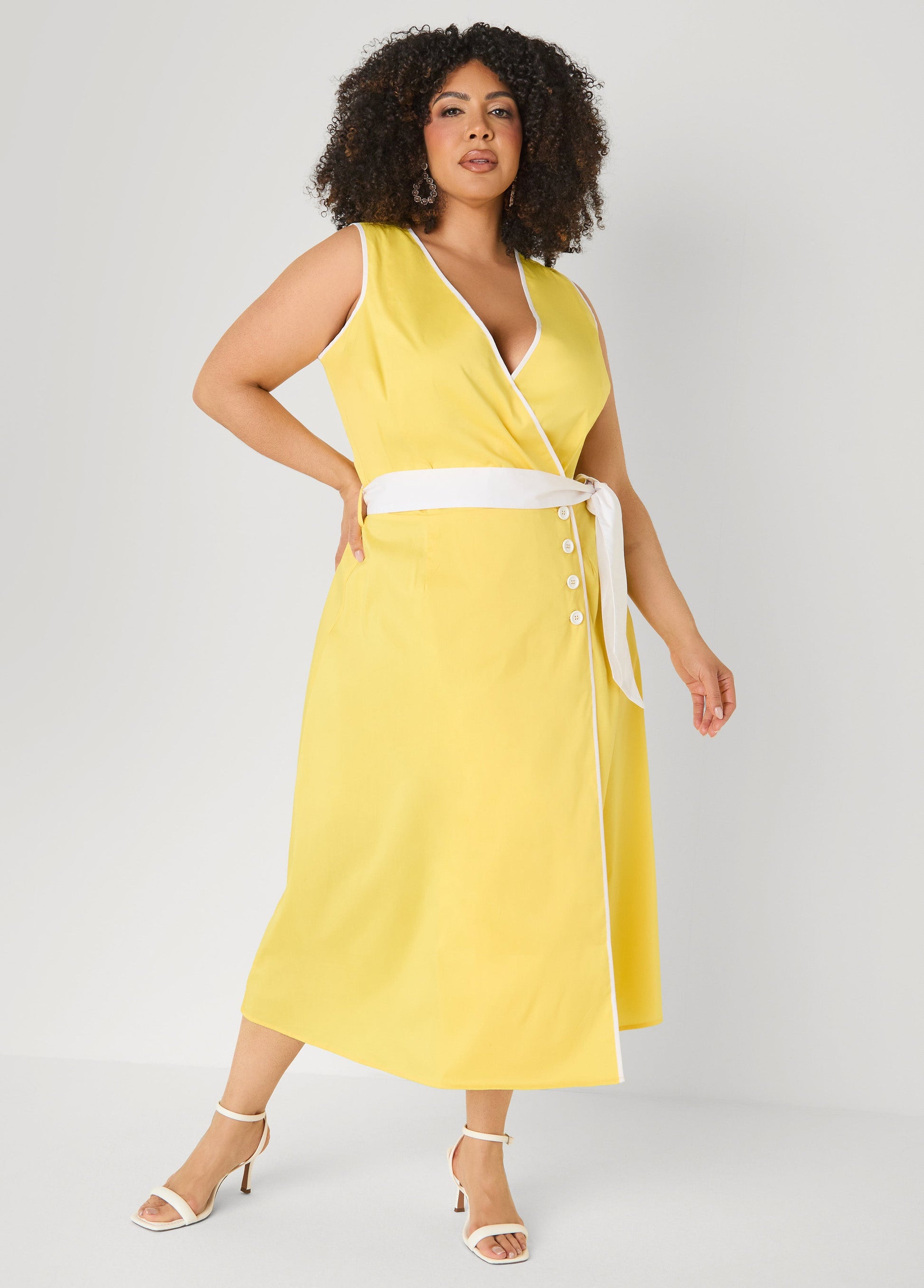 Ashley Stewart Cotton Blend Wrap Dress Primrose Yellow