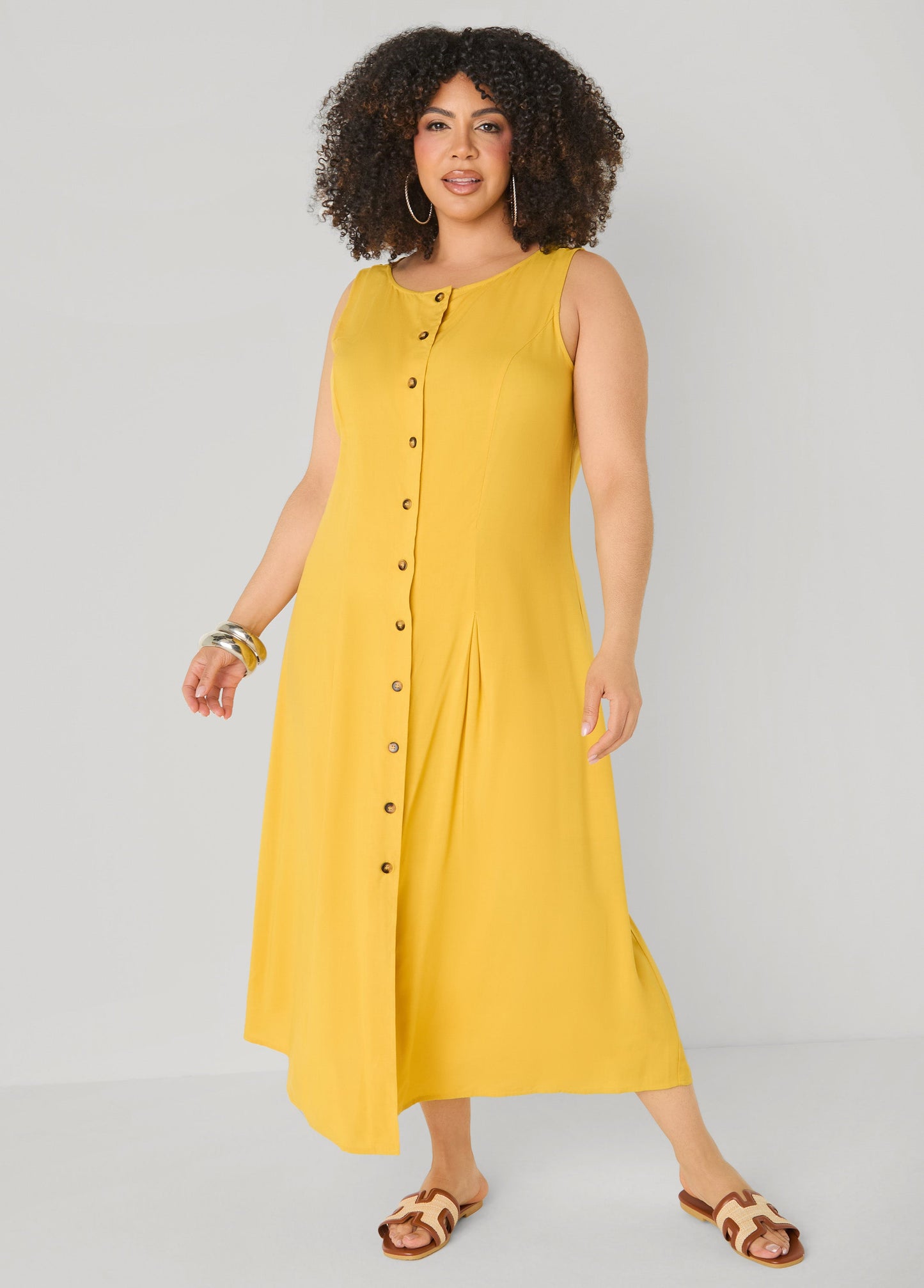 Ashley Stewart Pleated Woven Maxi Shirtdress Spicy Mustard