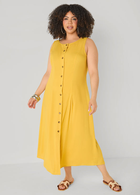 Ashley Stewart Pleated Woven Maxi Shirtdress Spicy Mustard