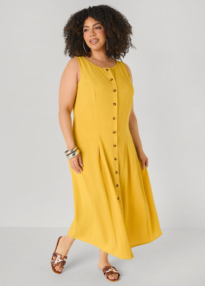 Ashley Stewart Pleated Woven Maxi Shirtdress Spicy Mustard