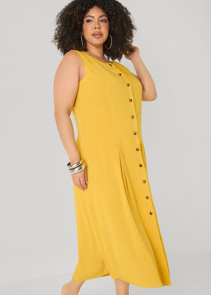 Ashley Stewart Pleated Woven Maxi Shirtdress Spicy Mustard