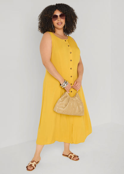 Ashley Stewart Pleated Woven Maxi Shirtdress Spicy Mustard
