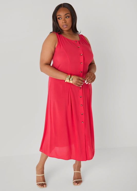 Ashley Stewart Pleated Maxi Shirtdress Poinsettia