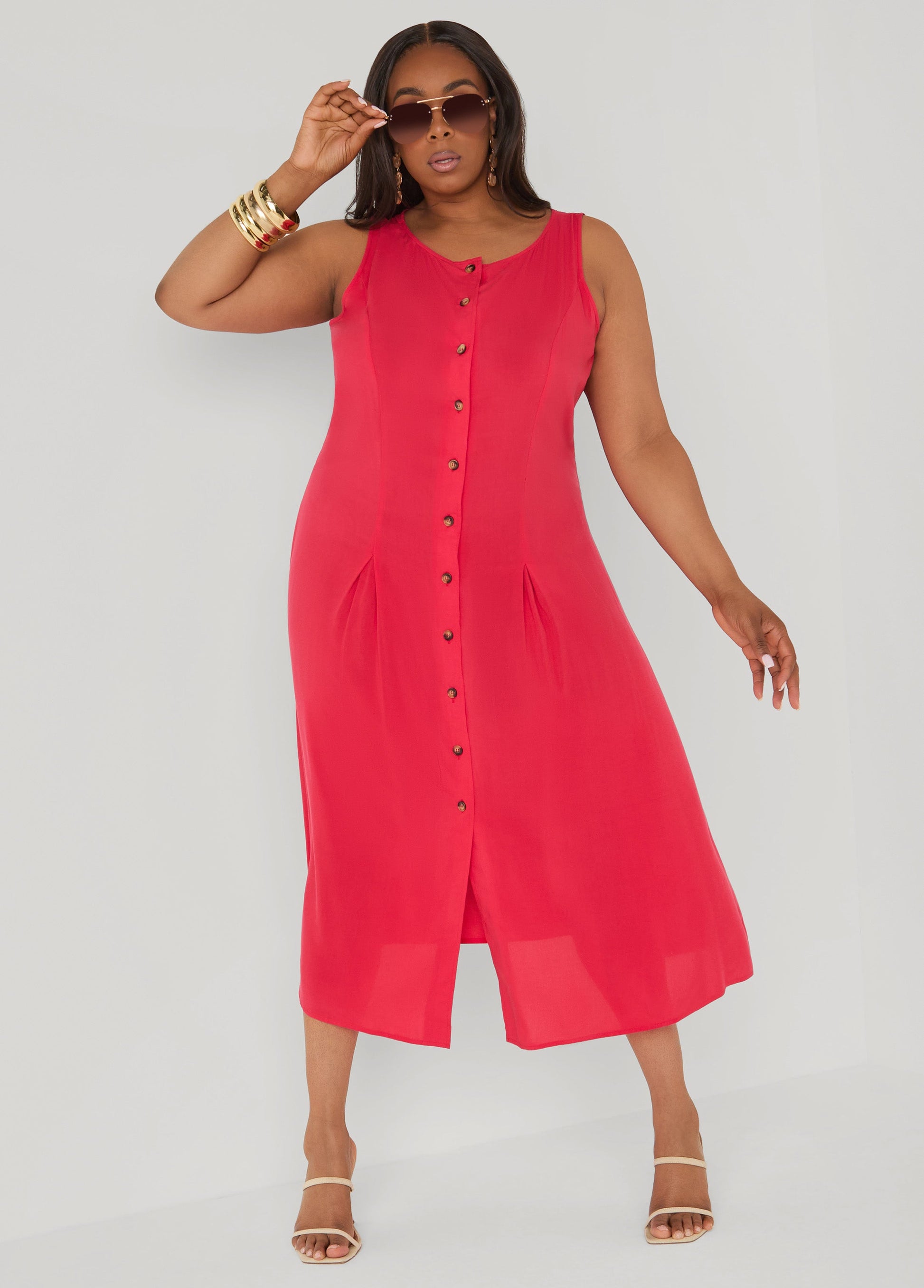 Ashley Stewart Pleated Maxi Shirtdress Poinsettia