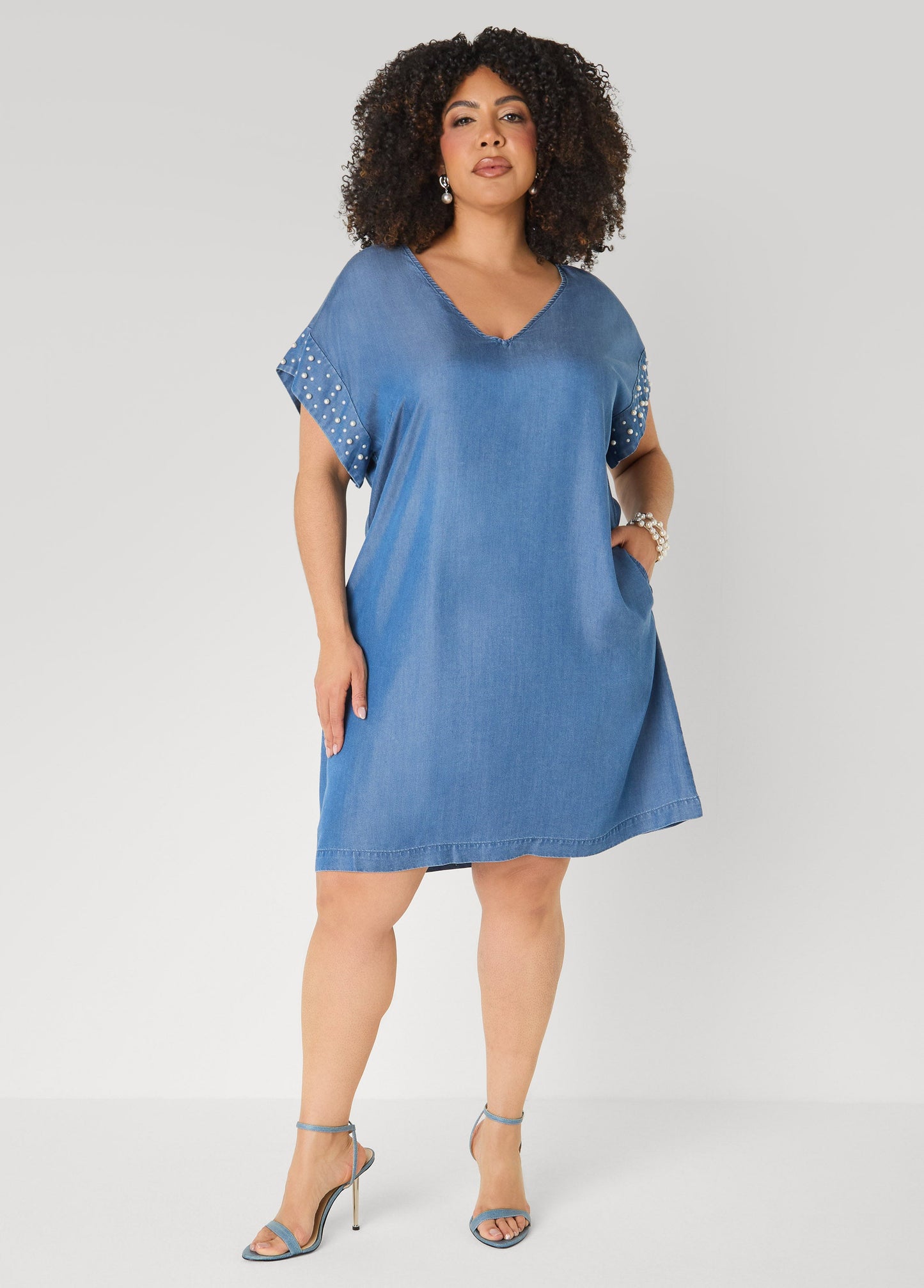 Ashley Stewart Faux Pearl Chambray Dress Medium Blue