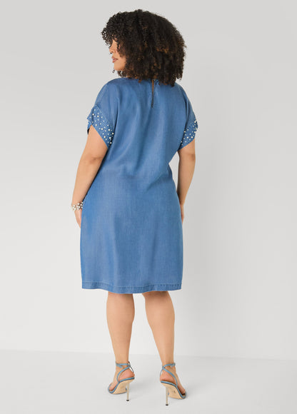 Ashley Stewart Faux Pearl Chambray Dress Medium Blue