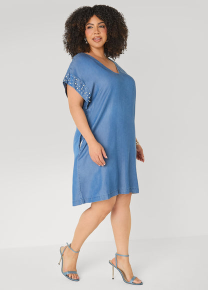 Ashley Stewart Faux Pearl Chambray Dress Medium Blue