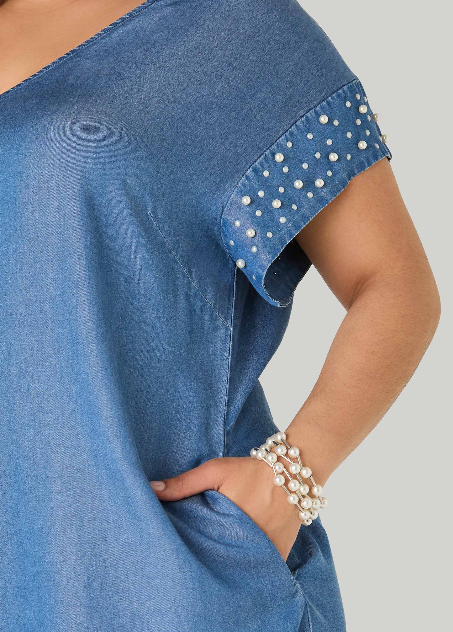 Ashley Stewart Faux Pearl Chambray Dress Medium Blue