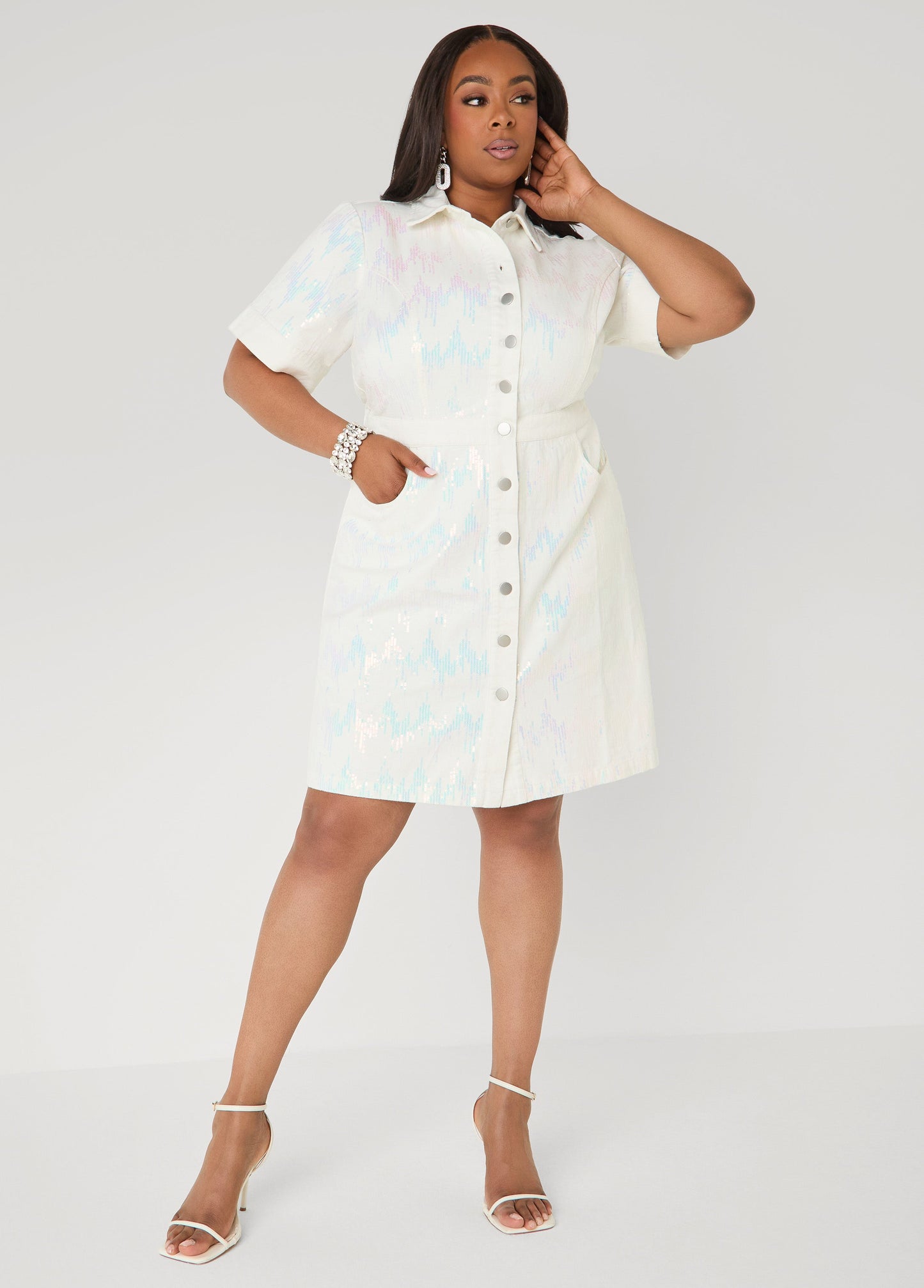 Ashley Stewart Sequined Denim Shirtdress White
