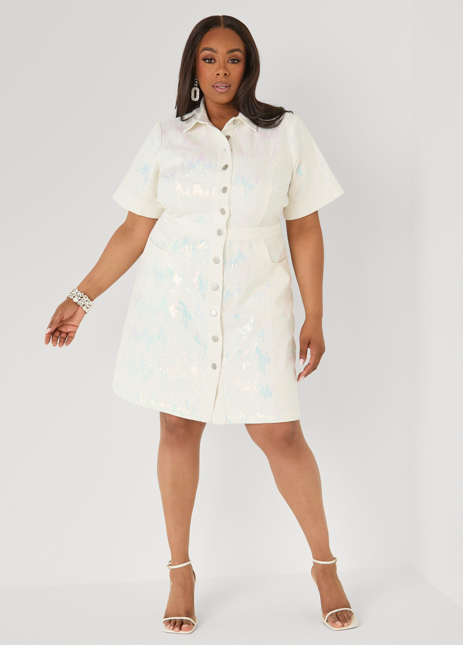 Ashley Stewart Sequined Denim Shirtdress White