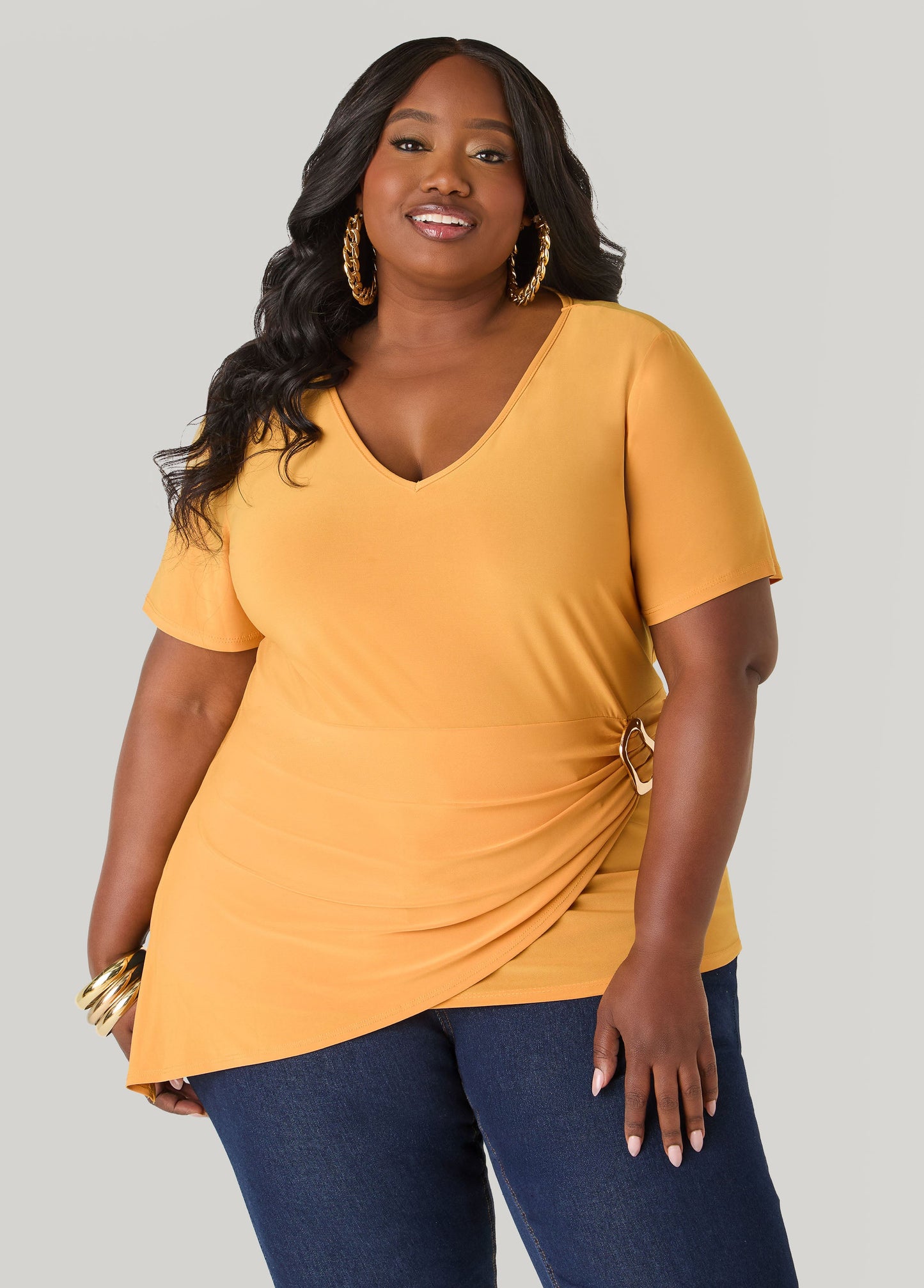 Ashley Stewart Gathered Embellished V Neck Top Mustard