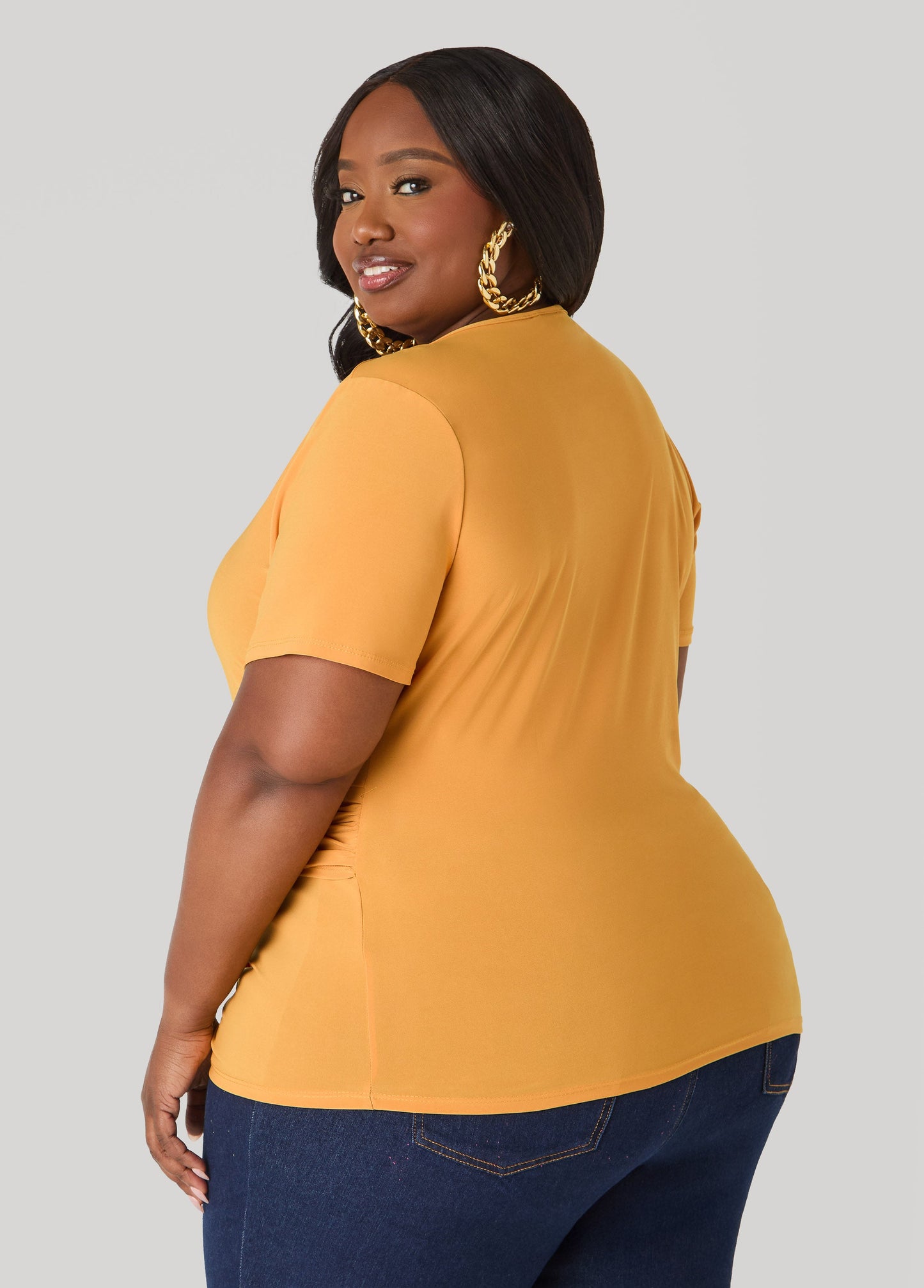 Ashley Stewart Gathered Embellished V Neck Top Mustard