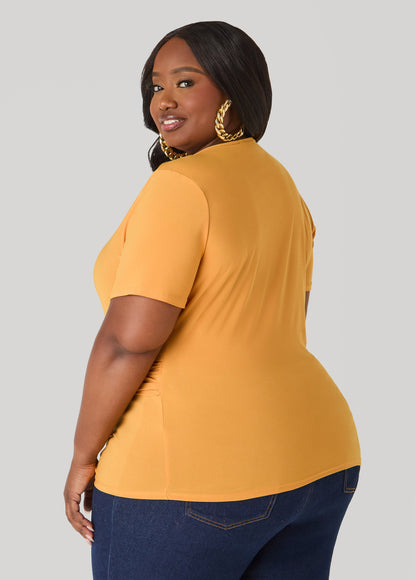 Ashley Stewart Gathered Embellished V Neck Top Mustard