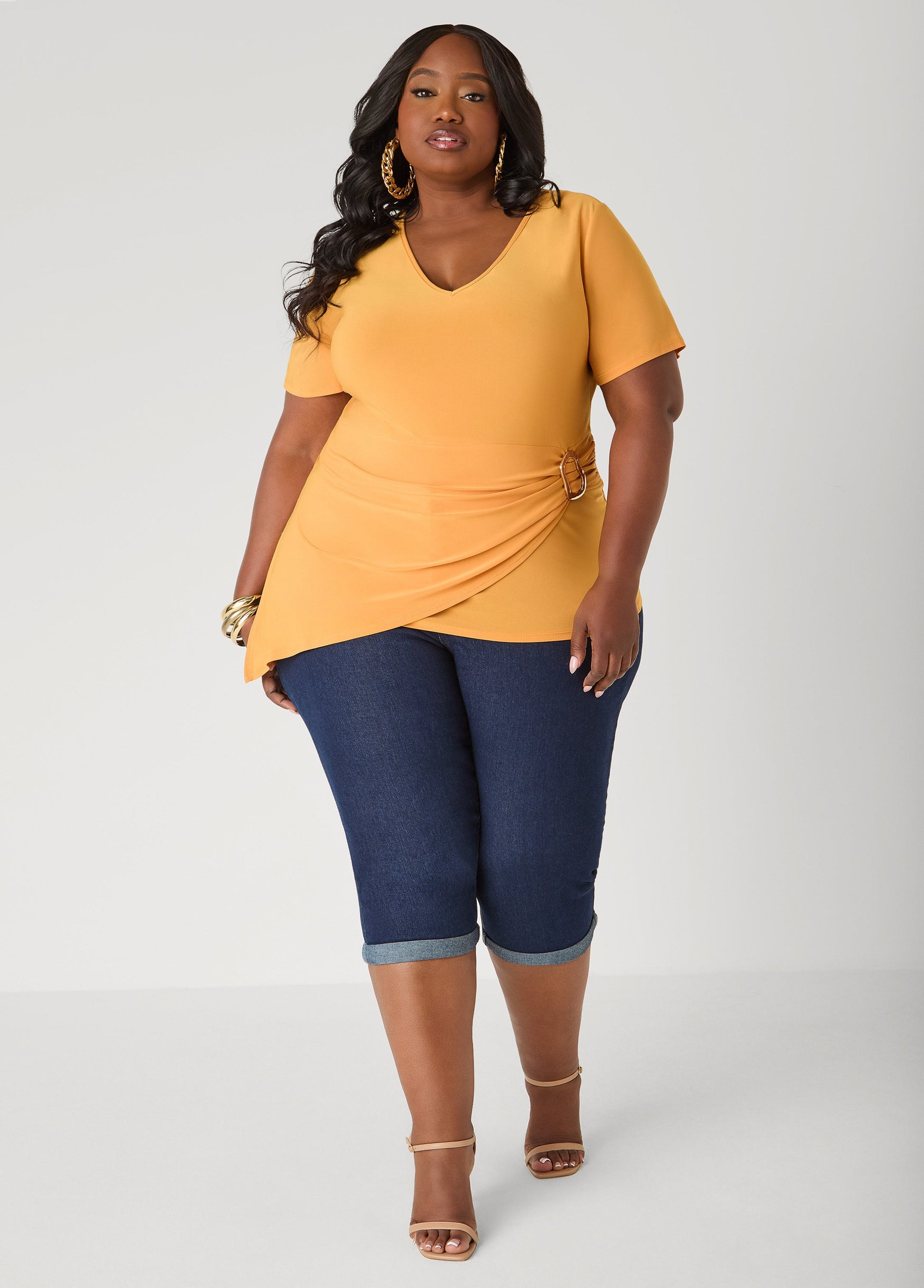 Ashley Stewart Gathered Embellished V Neck Top Mustard