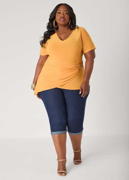 Ashley Stewart Gathered Embellished V Neck Top Mustard
