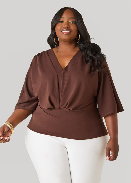 Ashley Stewart V Neck Stretch Crepe Top Brown