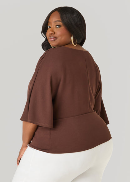 Ashley Stewart V Neck Stretch Crepe Top Brown