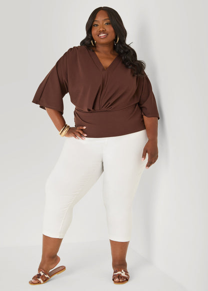 Ashley Stewart V Neck Stretch Crepe Top Brown