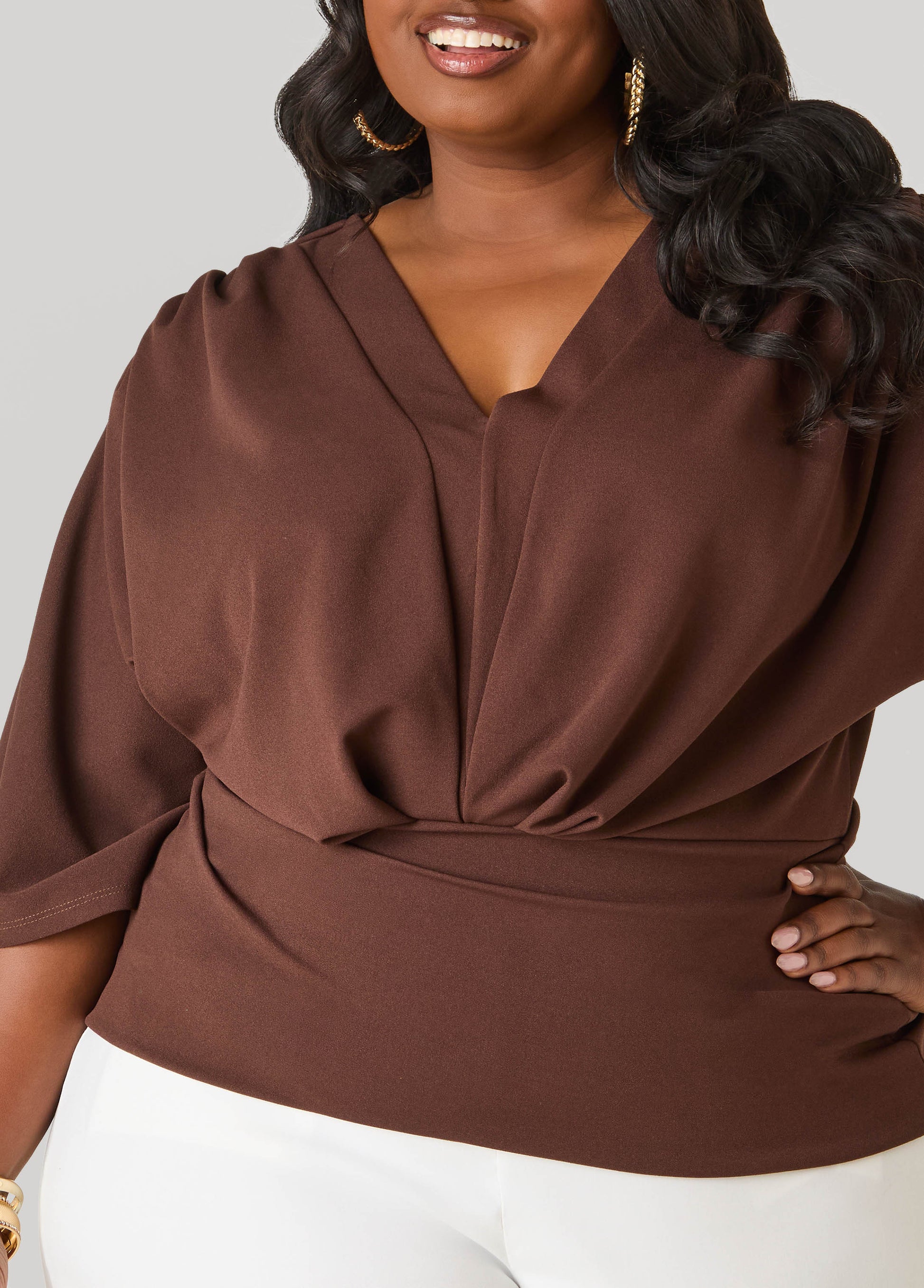 Ashley Stewart V Neck Stretch Crepe Top Brown