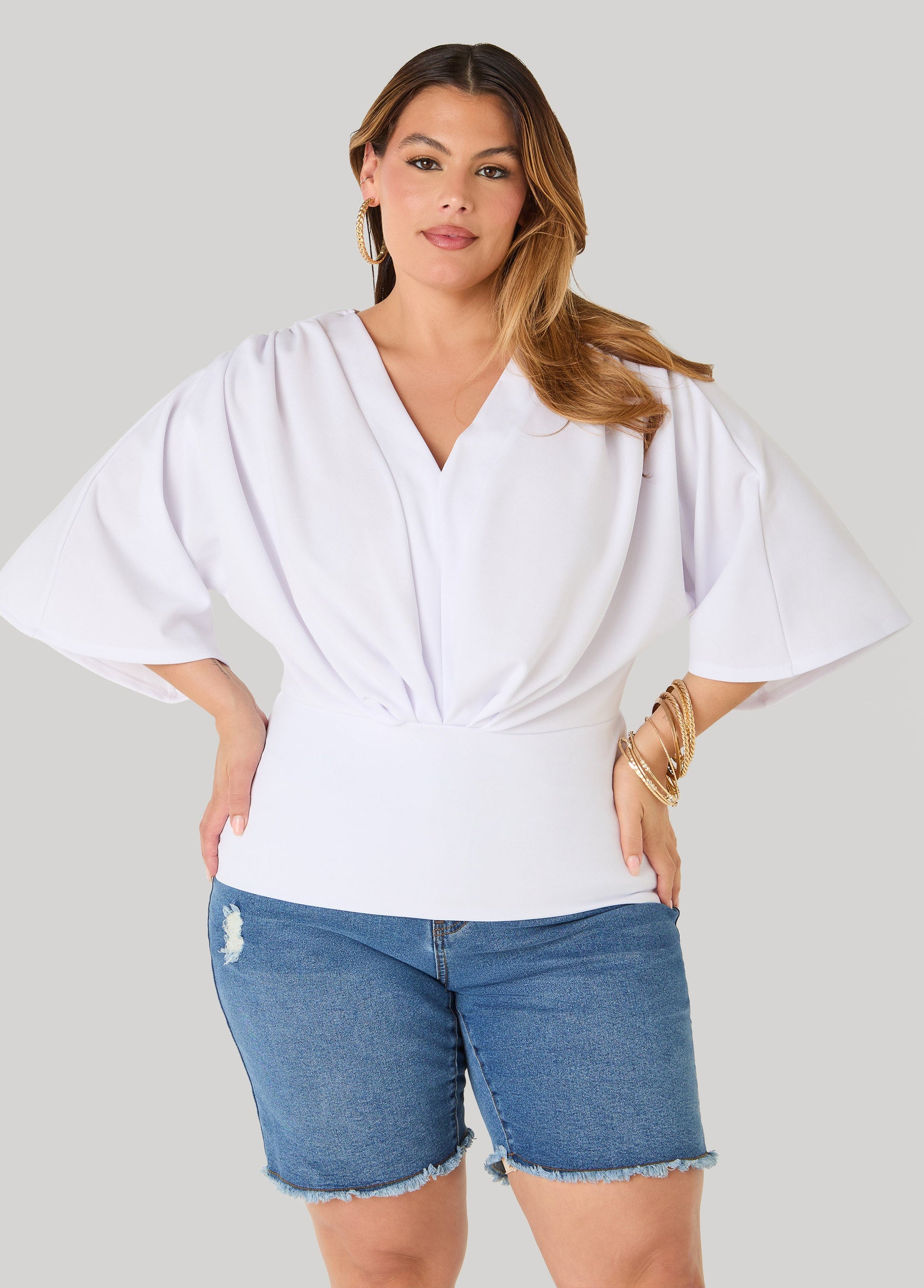 Ashley Stewart V Neck Stretch Crepe Top Brown