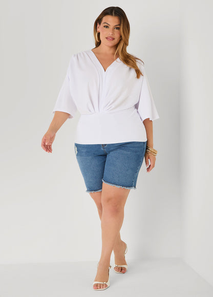 Ashley Stewart V Neck Stretch Crepe Top Brown