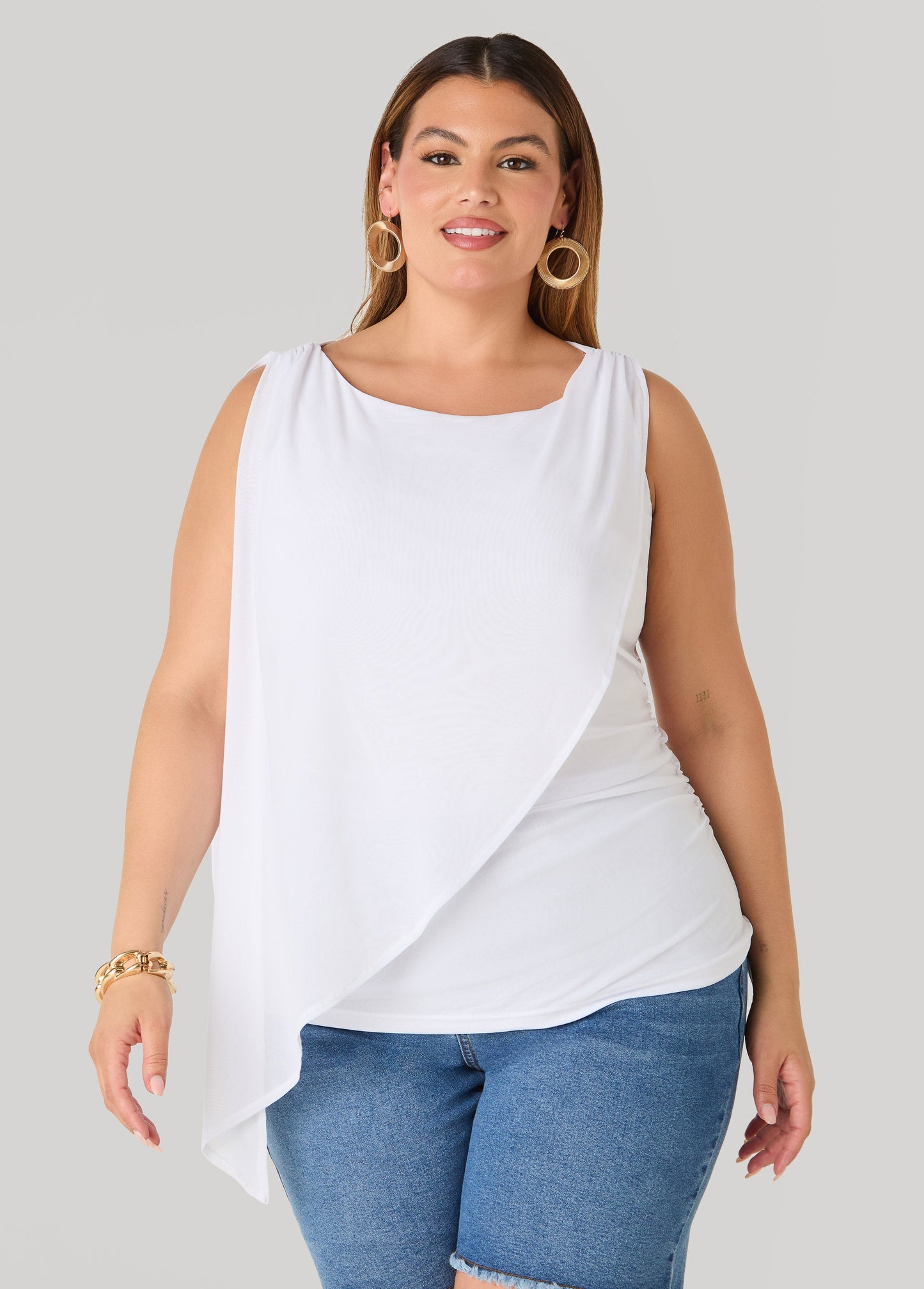 Ashley Stewart Asymmetric Draped Mesh Top White
