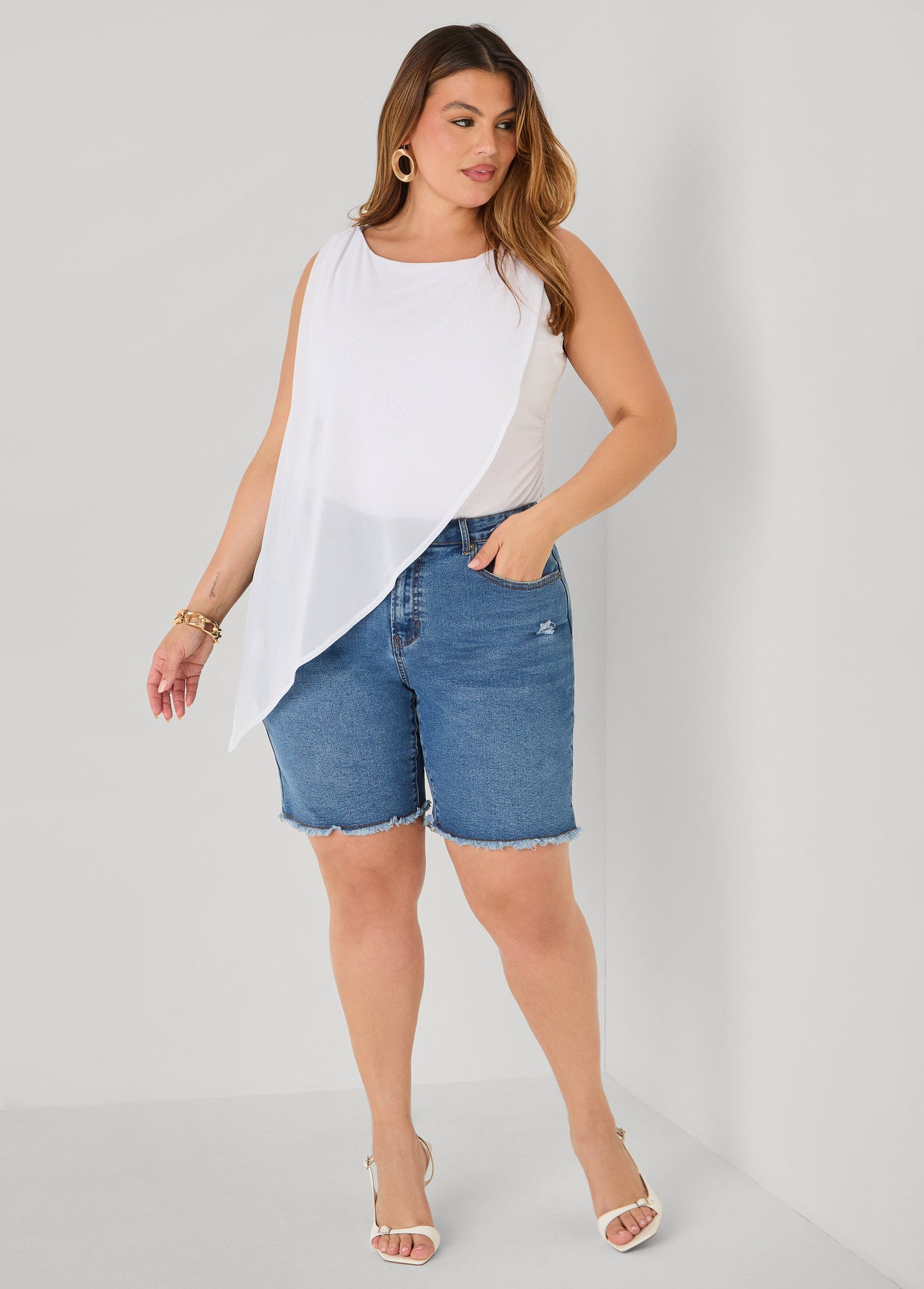 Ashley Stewart Asymmetric Draped Mesh Top White