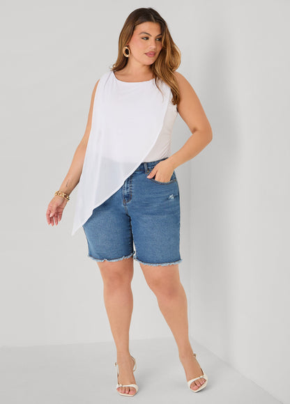 Ashley Stewart Asymmetric Draped Mesh Top White
