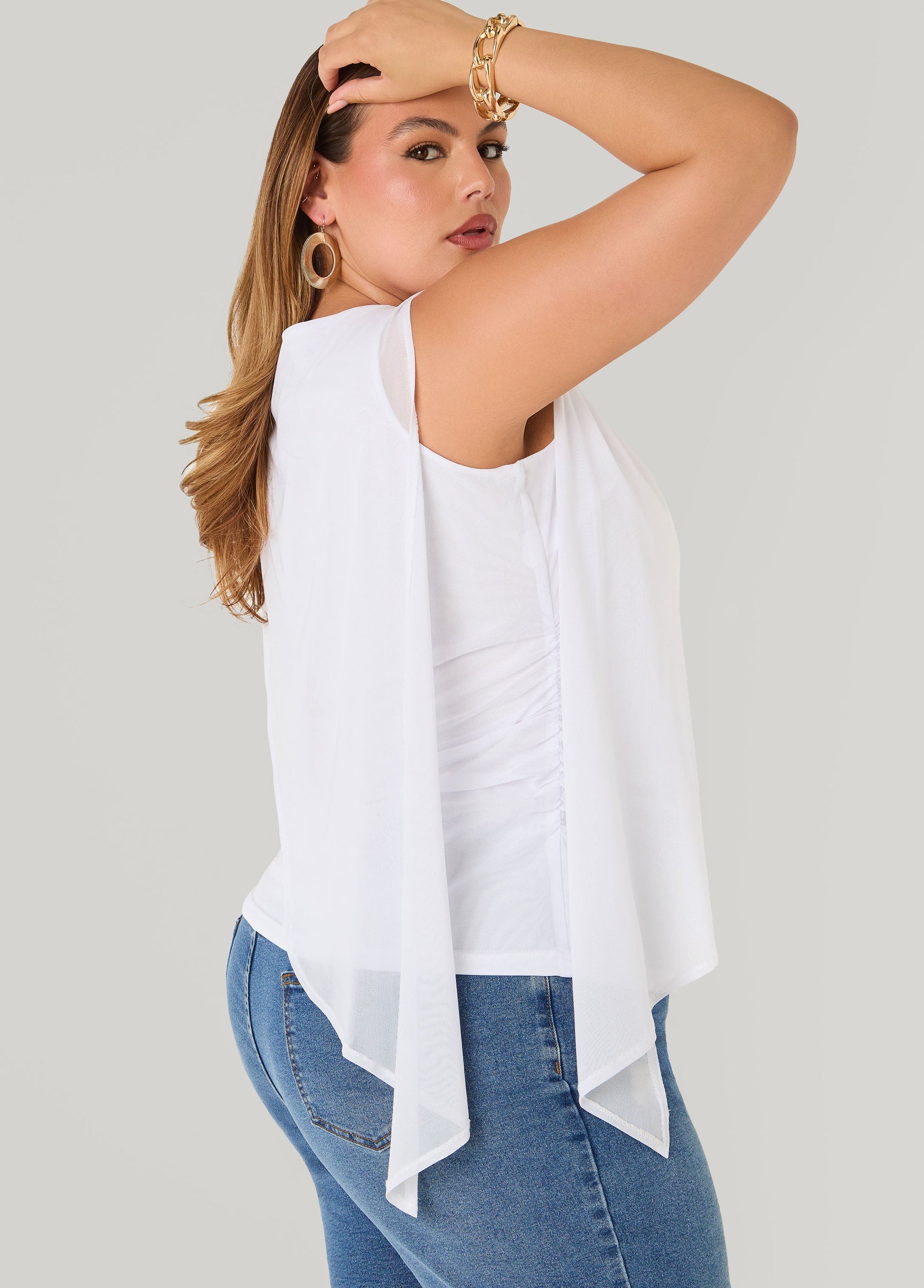 Ashley Stewart Asymmetric Draped Mesh Top White