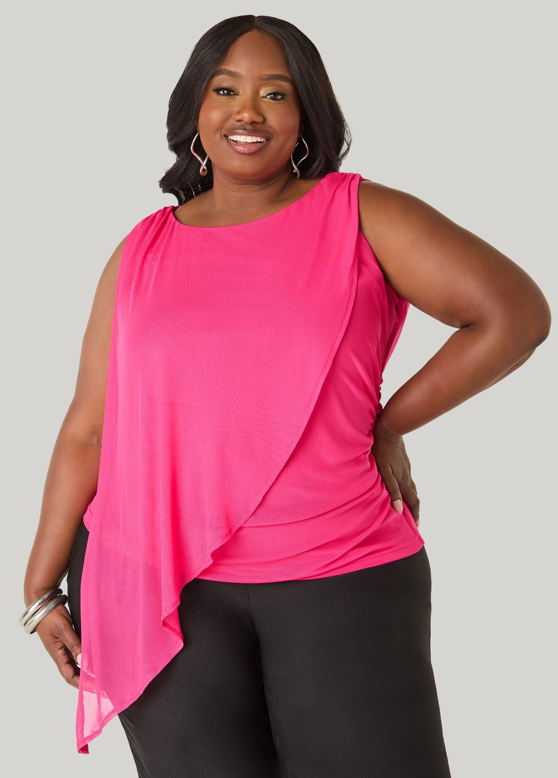 Ashley Stewart Asymmetric Draped Mesh Top White