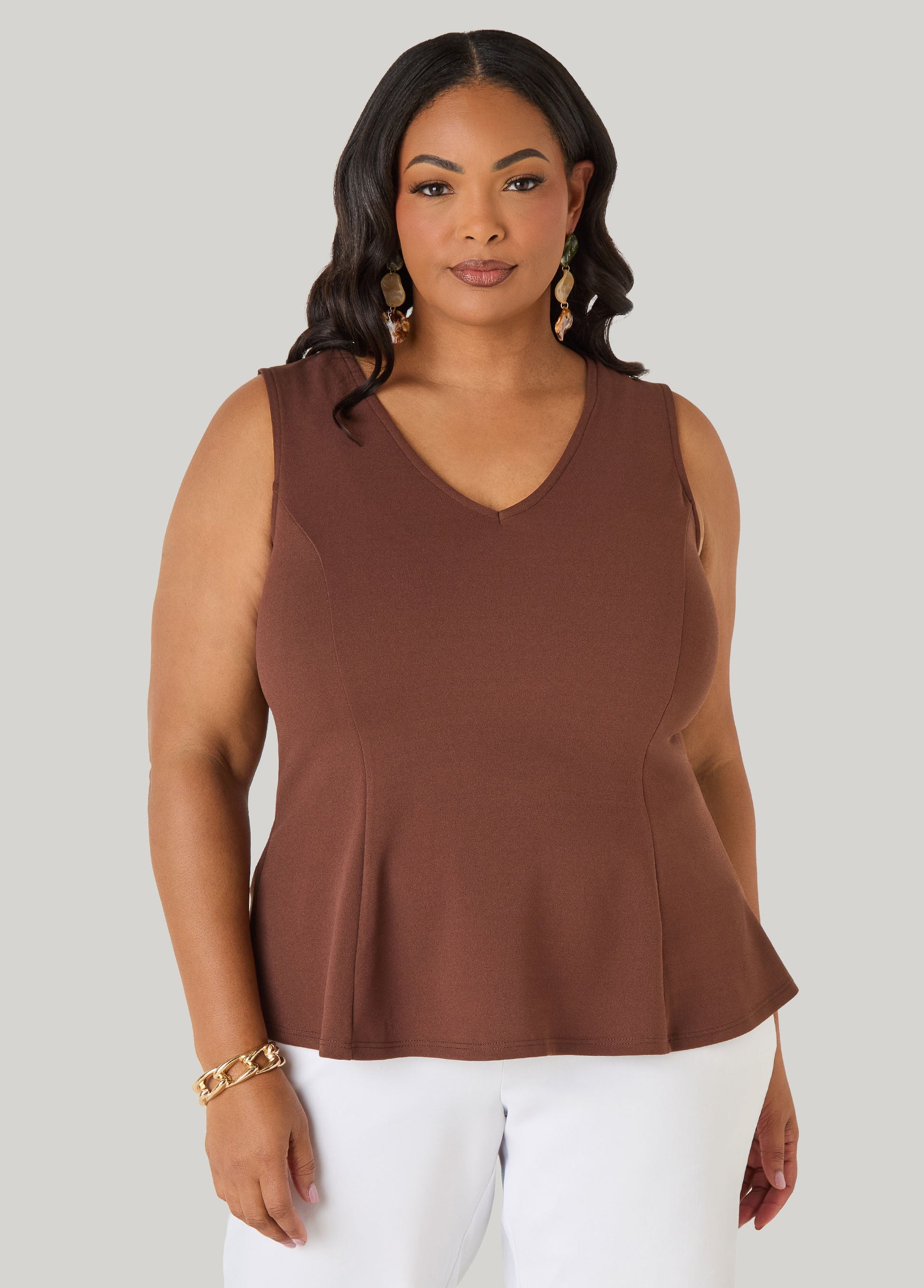 Ashley Stewart V Neck Stretch Crepe Peplum Top Cocoa