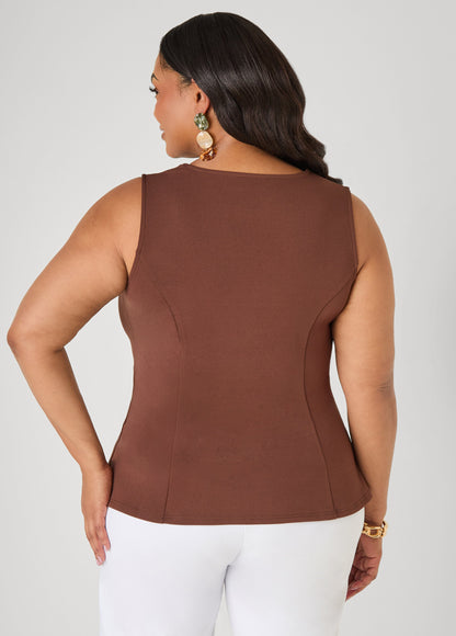 Ashley Stewart V Neck Stretch Crepe Peplum Top Cocoa