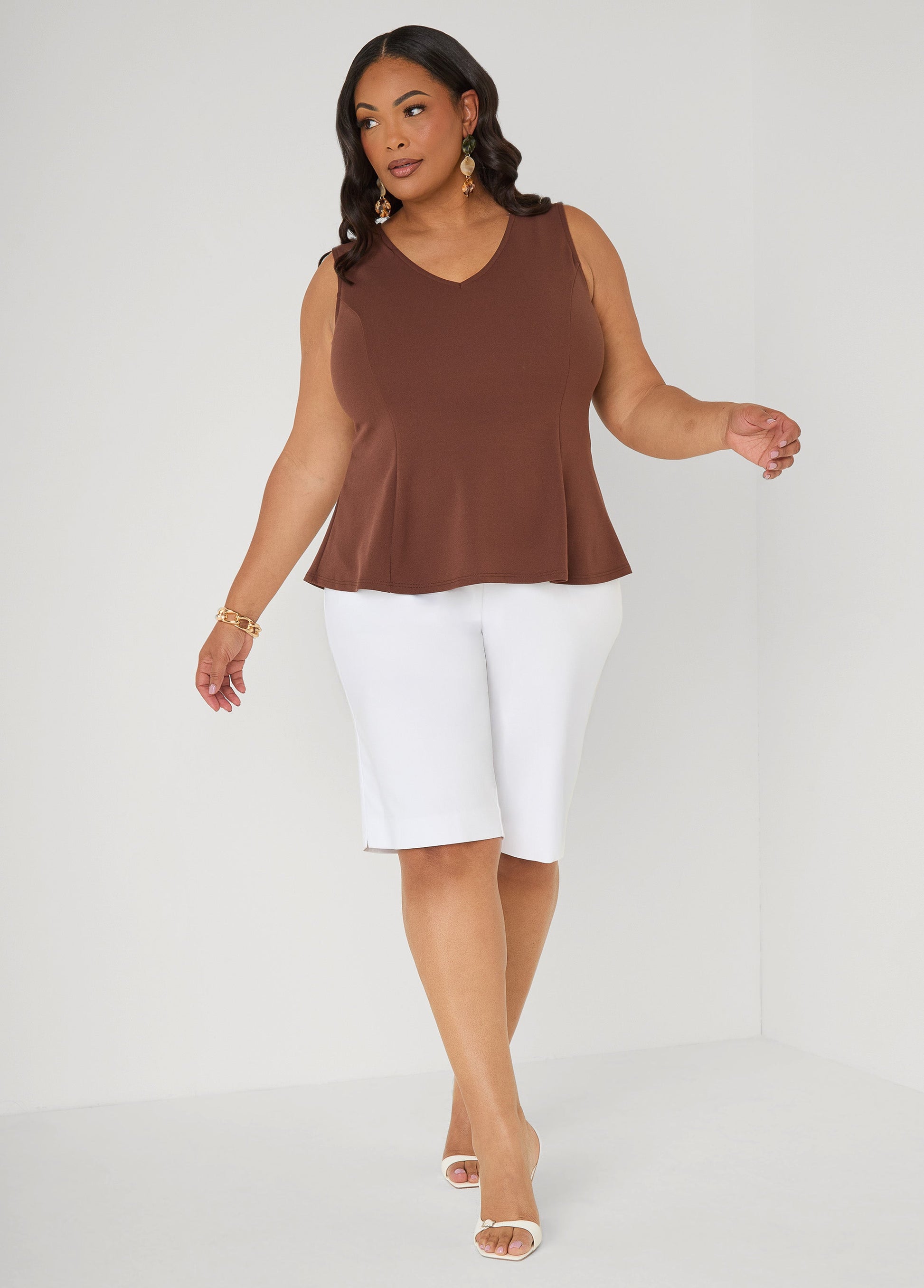 Ashley Stewart V Neck Stretch Crepe Peplum Top Cocoa