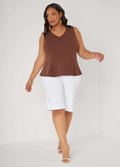 Ashley Stewart V Neck Stretch Crepe Peplum Top Cocoa