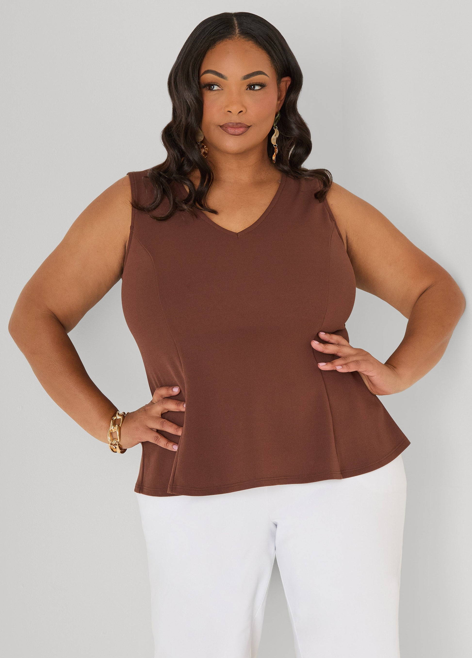 Ashley Stewart V Neck Stretch Crepe Peplum Top Cocoa